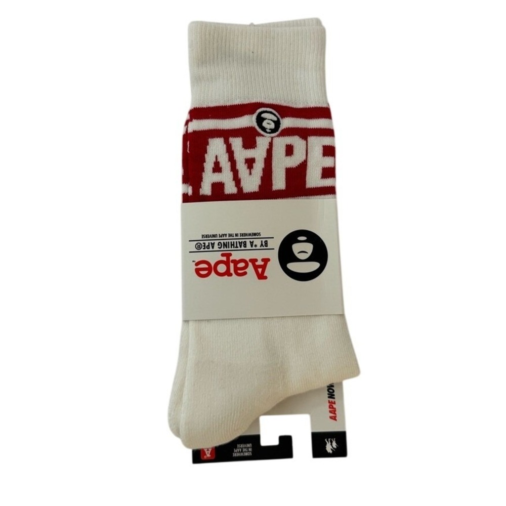 Bape Crew Socks Logo Striped Mens Womens Unisex Size 9-11 White Red Streetwear